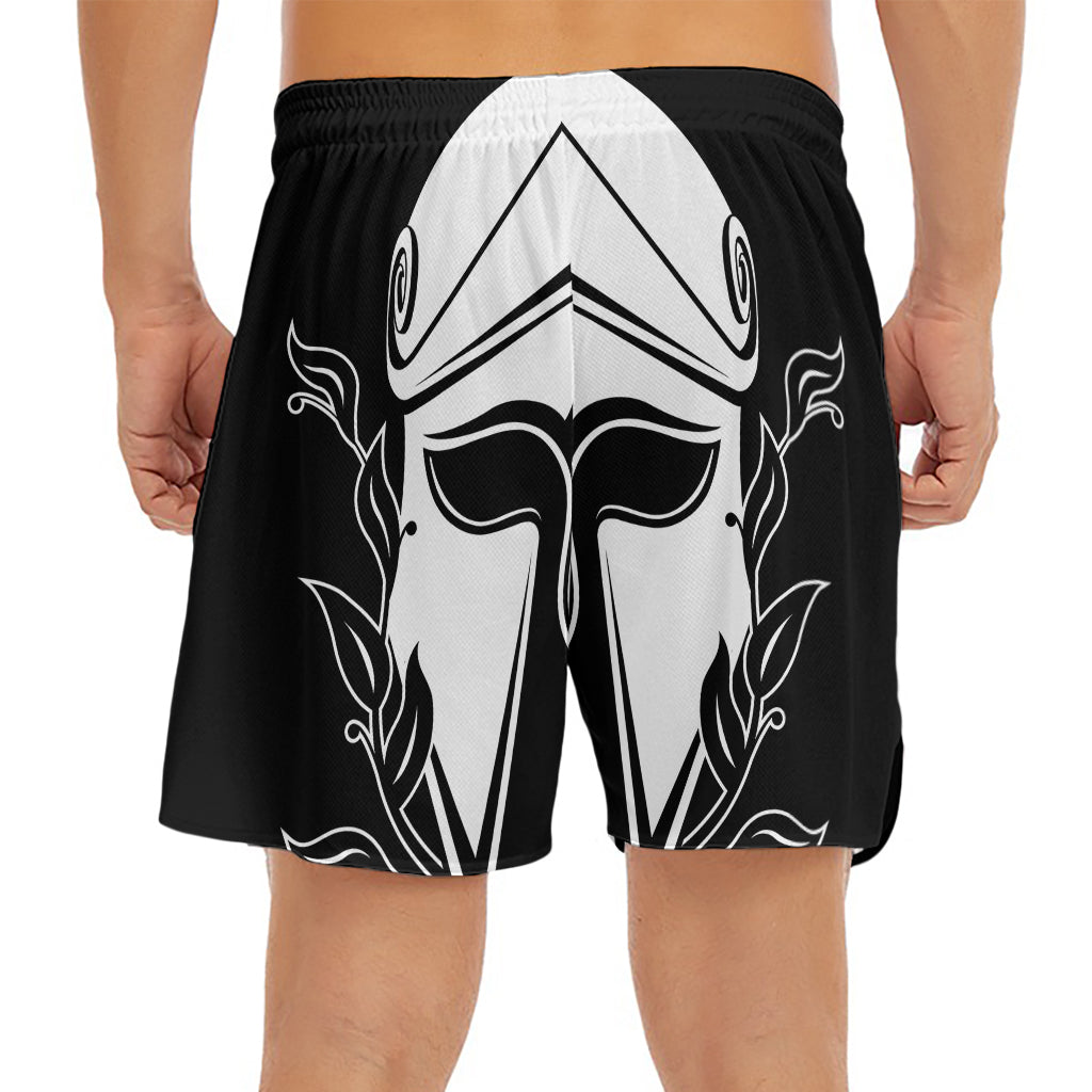 Black And White Spartan Helmet Print Men's Split Running Shorts
