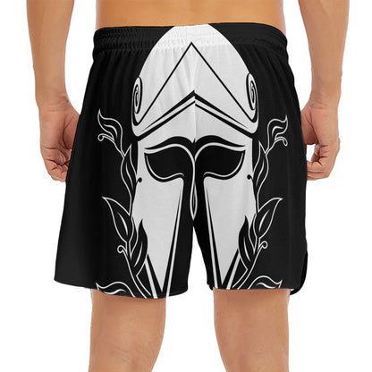 Black And White Spartan Helmet Print Men's Split Running Shorts