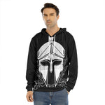 Black And White Spartan Helmet Print Men's Velvet Pullover Hoodie