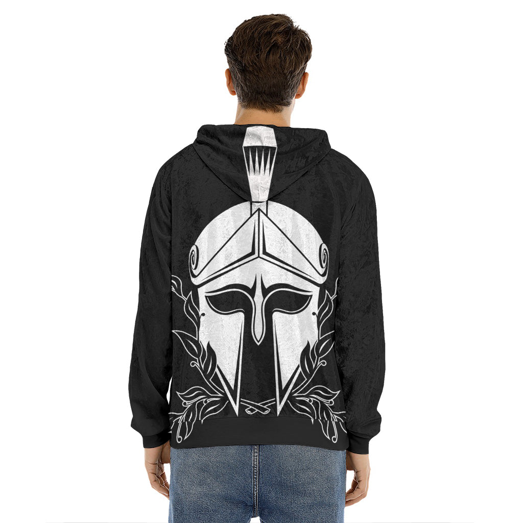 Black And White Spartan Helmet Print Men's Velvet Pullover Hoodie