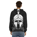 Black And White Spartan Helmet Print Men's Velvet Pullover Hoodie