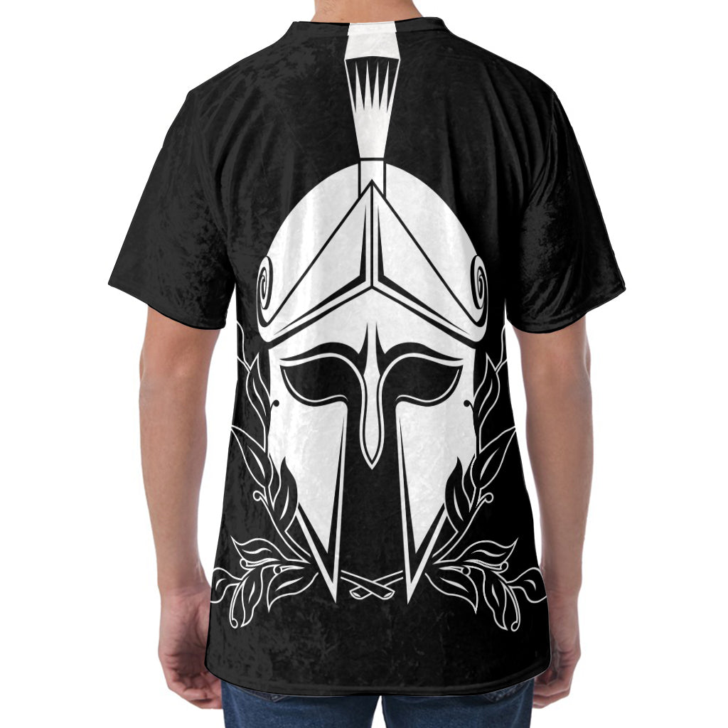 Black And White Spartan Helmet Print Men's Velvet T-Shirt