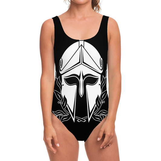 Black And White Spartan Helmet Print One Piece Swimsuit