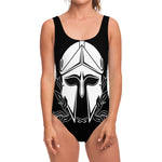 Black And White Spartan Helmet Print One Piece Swimsuit