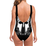 Black And White Spartan Helmet Print One Piece Swimsuit