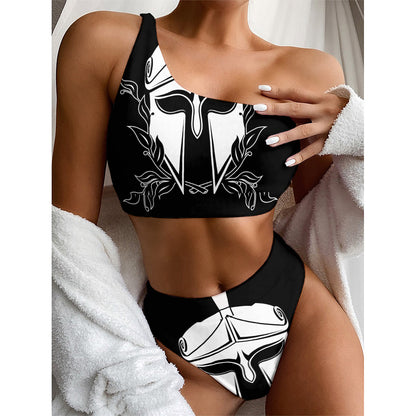 Black And White Spartan Helmet Print One Shoulder Bikini Top