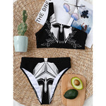 Black And White Spartan Helmet Print One Shoulder Bikini Top