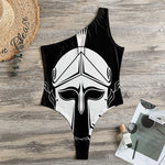 Black And White Spartan Helmet Print One Shoulder Bodysuit