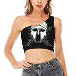 Black And White Spartan Helmet Print One Shoulder Crop Top