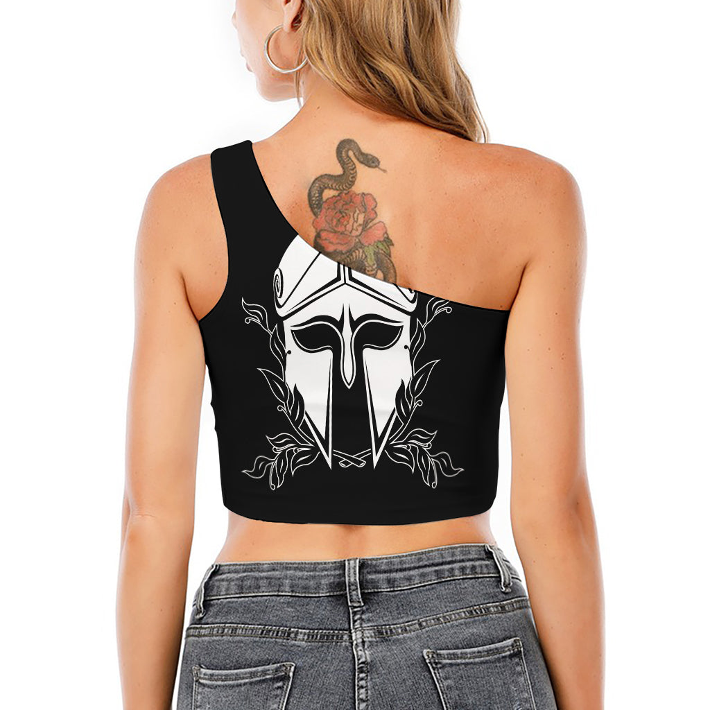 Black And White Spartan Helmet Print One Shoulder Crop Top