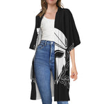 Black And White Spartan Helmet Print Open Front Beach Cover Up