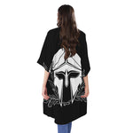 Black And White Spartan Helmet Print Open Front Beach Cover Up