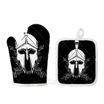 Black And White Spartan Helmet Print Oven Mitt And Pot Holder Set