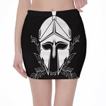 Black And White Spartan Helmet Print Pencil Mini Skirt