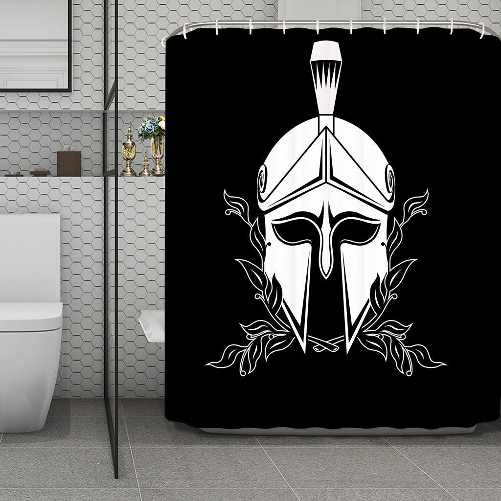 Black And White Spartan Helmet Print Polyester Shower Curtain