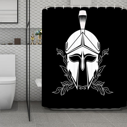 Black And White Spartan Helmet Print Polyester Shower Curtain