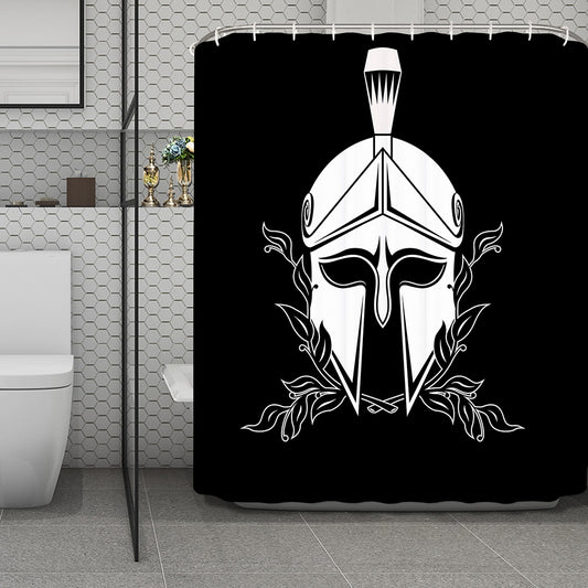 Black And White Spartan Helmet Print Polyester Shower Curtain