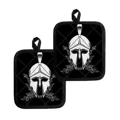 Black And White Spartan Helmet Print Pot Holders