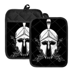 Black And White Spartan Helmet Print Pot Holders With Pocket