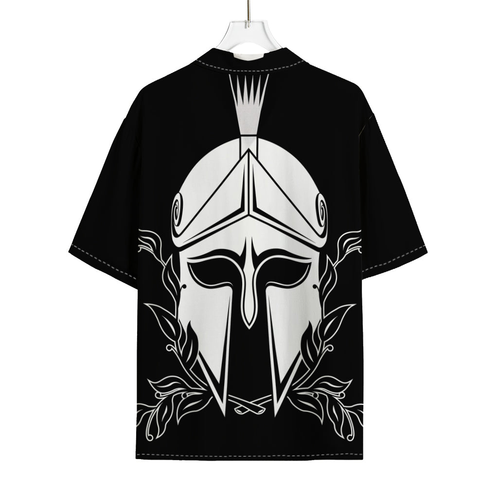 Black And White Spartan Helmet Print Rayon Hawaiian Shirt