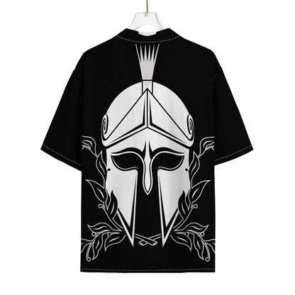 Black And White Spartan Helmet Print Rayon Hawaiian Shirt