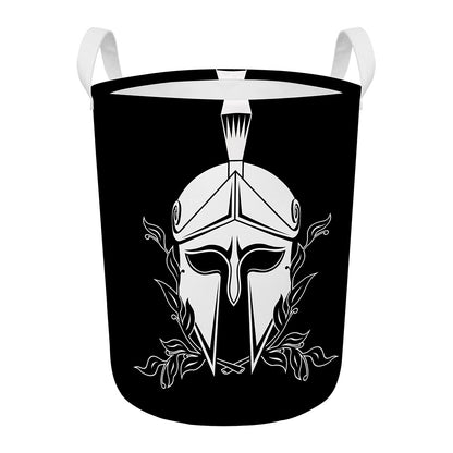 Black And White Spartan Helmet Print Round Laundry Basket