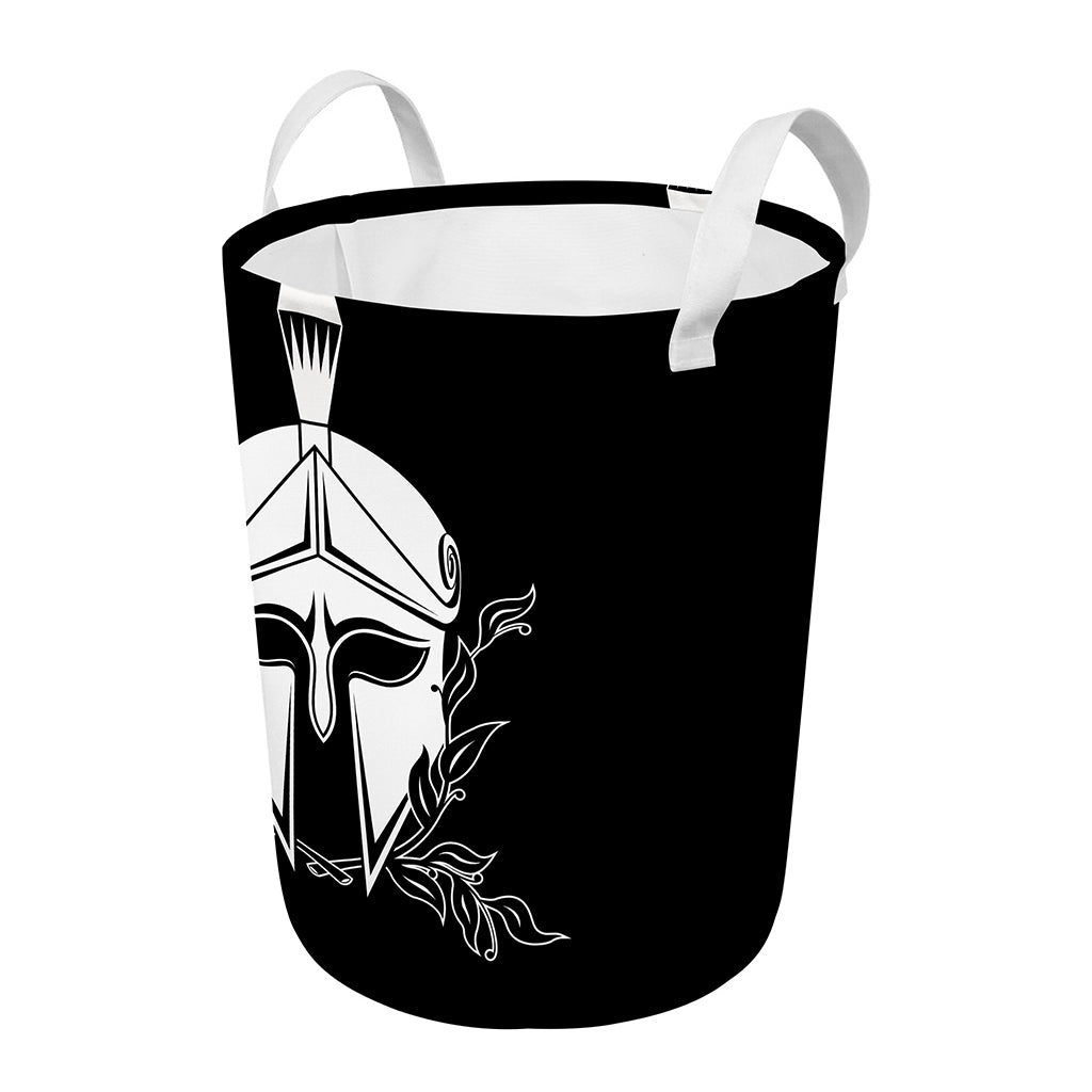 Black And White Spartan Helmet Print Round Laundry Basket