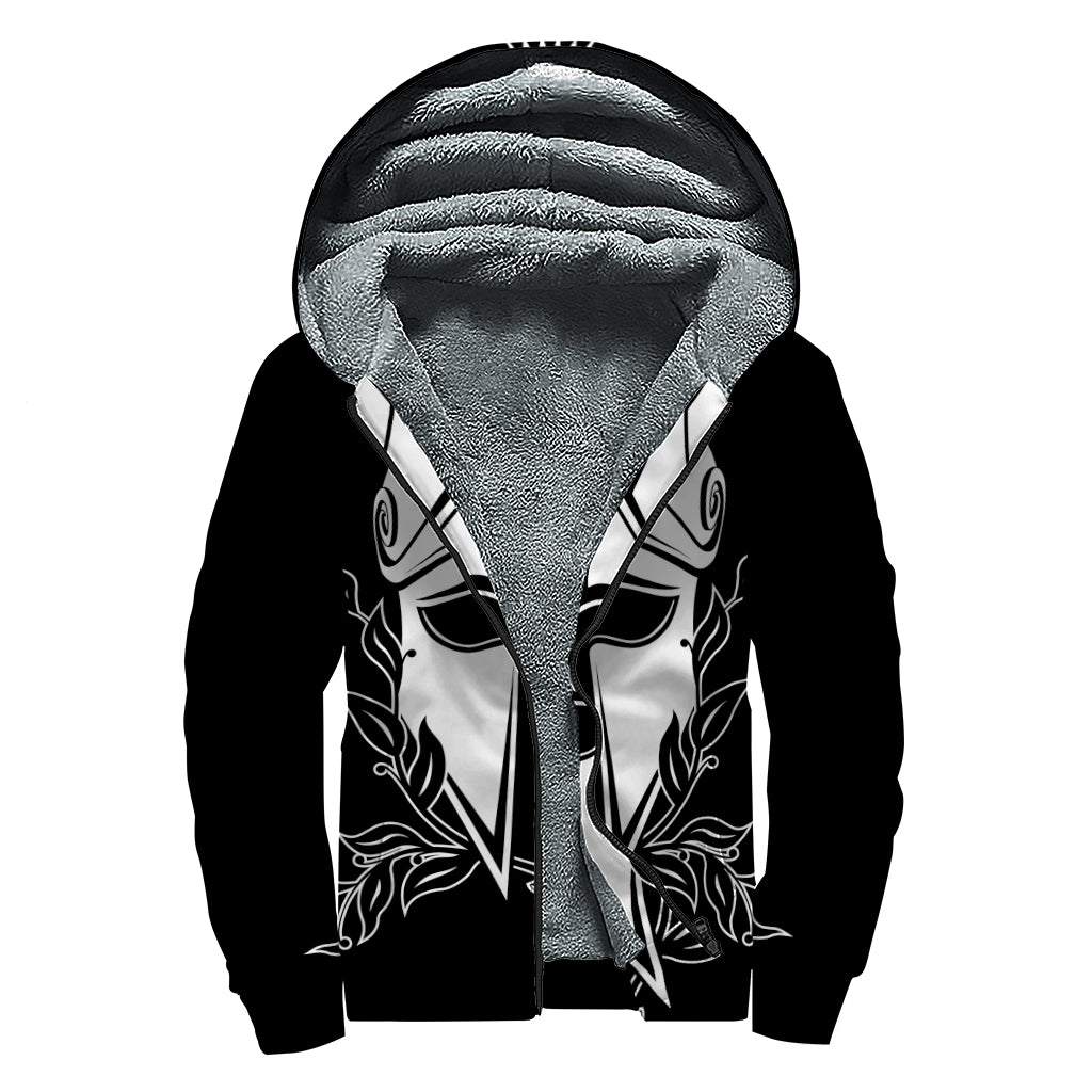 Black And White Spartan Helmet Print Sherpa Lined Zip Up Hoodie