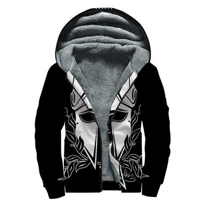 Black And White Spartan Helmet Print Sherpa Lined Zip Up Hoodie