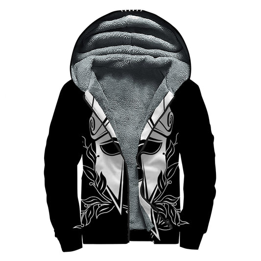 Black And White Spartan Helmet Print Sherpa Lined Zip Up Hoodie