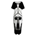 Black And White Spartan Helmet Print Short Sleeve Long Nightdress