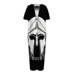 Black And White Spartan Helmet Print Short Sleeve Long Nightdress