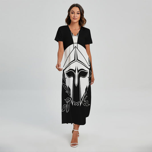 Black And White Spartan Helmet Print Short Sleeve Maxi Dress