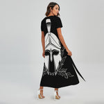 Black And White Spartan Helmet Print Short Sleeve Maxi Dress