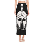 Black And White Spartan Helmet Print Side Slit Maxi Skirt