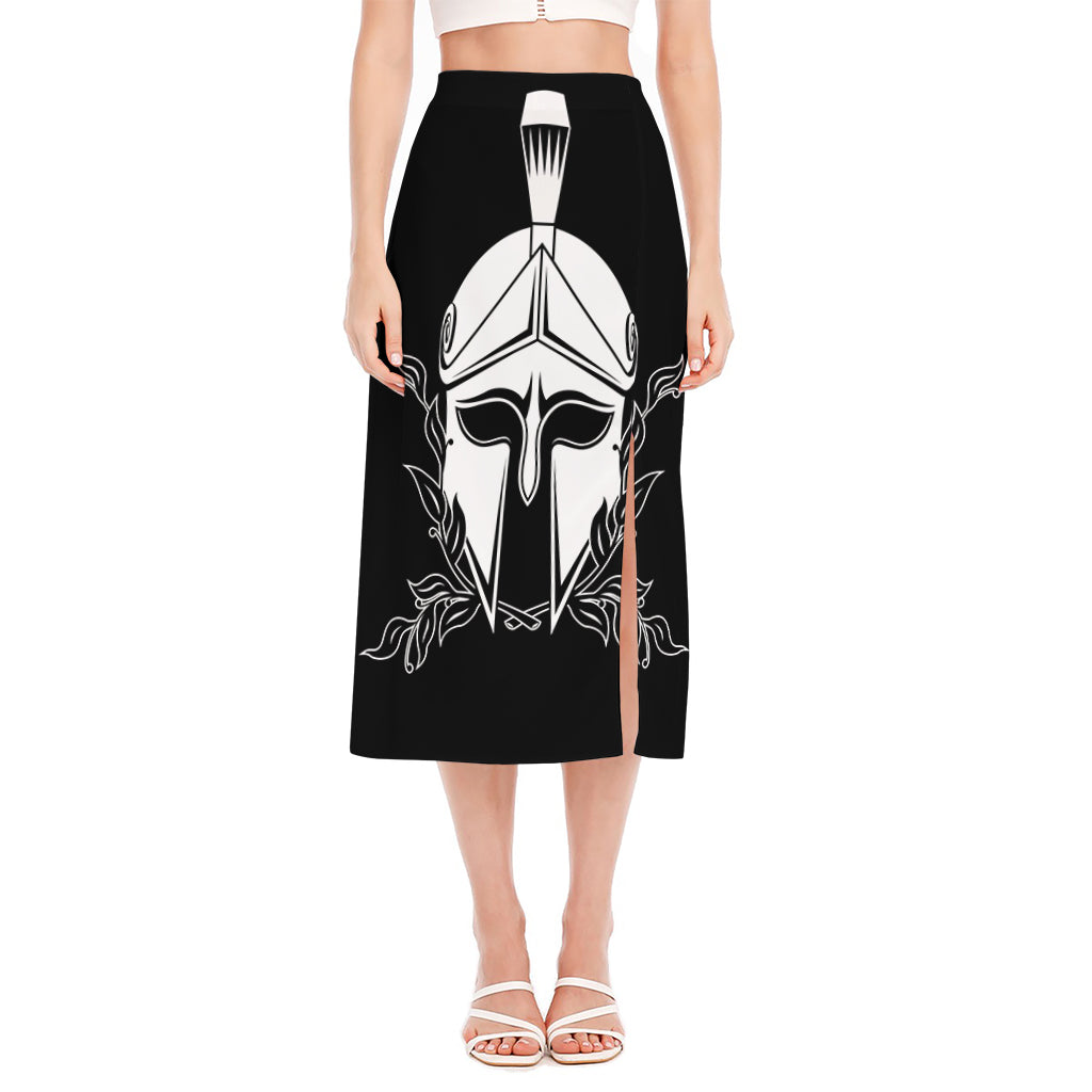 Black And White Spartan Helmet Print Side Slit Midi Skirt