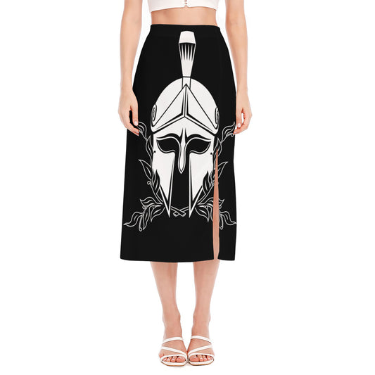 Black And White Spartan Helmet Print Side Slit Midi Skirt