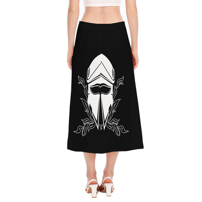Black And White Spartan Helmet Print Side Slit Midi Skirt
