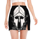 Black And White Spartan Helmet Print Side Slit Mini Skirt