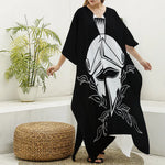 Black And White Spartan Helmet Print Silk V-Neck Kaftan Dress