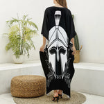 Black And White Spartan Helmet Print Silk V-Neck Kaftan Dress