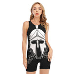 Black And White Spartan Helmet Print Sleeveless One Piece Swimsuit