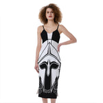 Black And White Spartan Helmet Print Slim Fit Midi Cami Dress