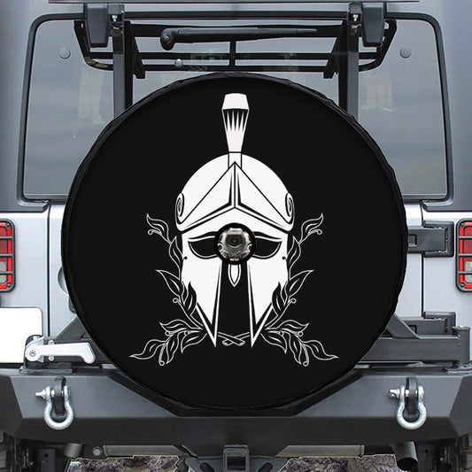 Black And White Spartan Helmet Print Tire Cover With Camera Hole