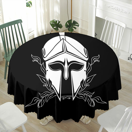 Black And White Spartan Helmet Print Waterproof Round Tablecloth