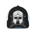 Black And White Spartan Helmet Print White Mesh Trucker Hat