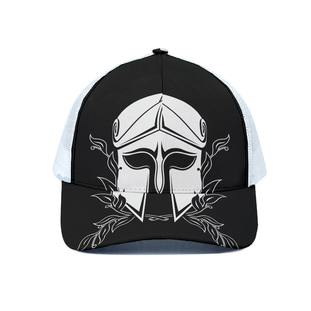 Black And White Spartan Helmet Print White Mesh Trucker Cap