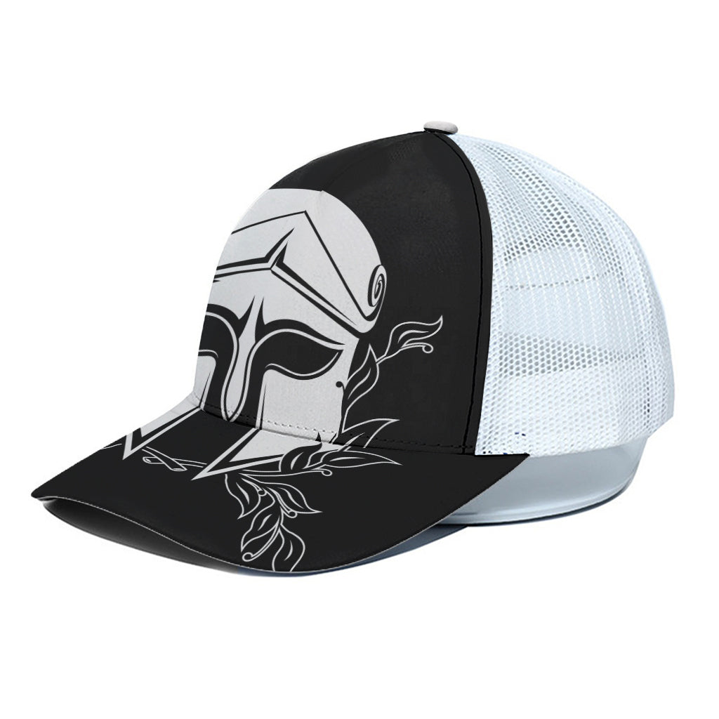 Black And White Spartan Helmet Print White Mesh Trucker Cap