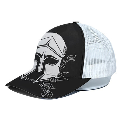 Black And White Spartan Helmet Print White Mesh Trucker Cap