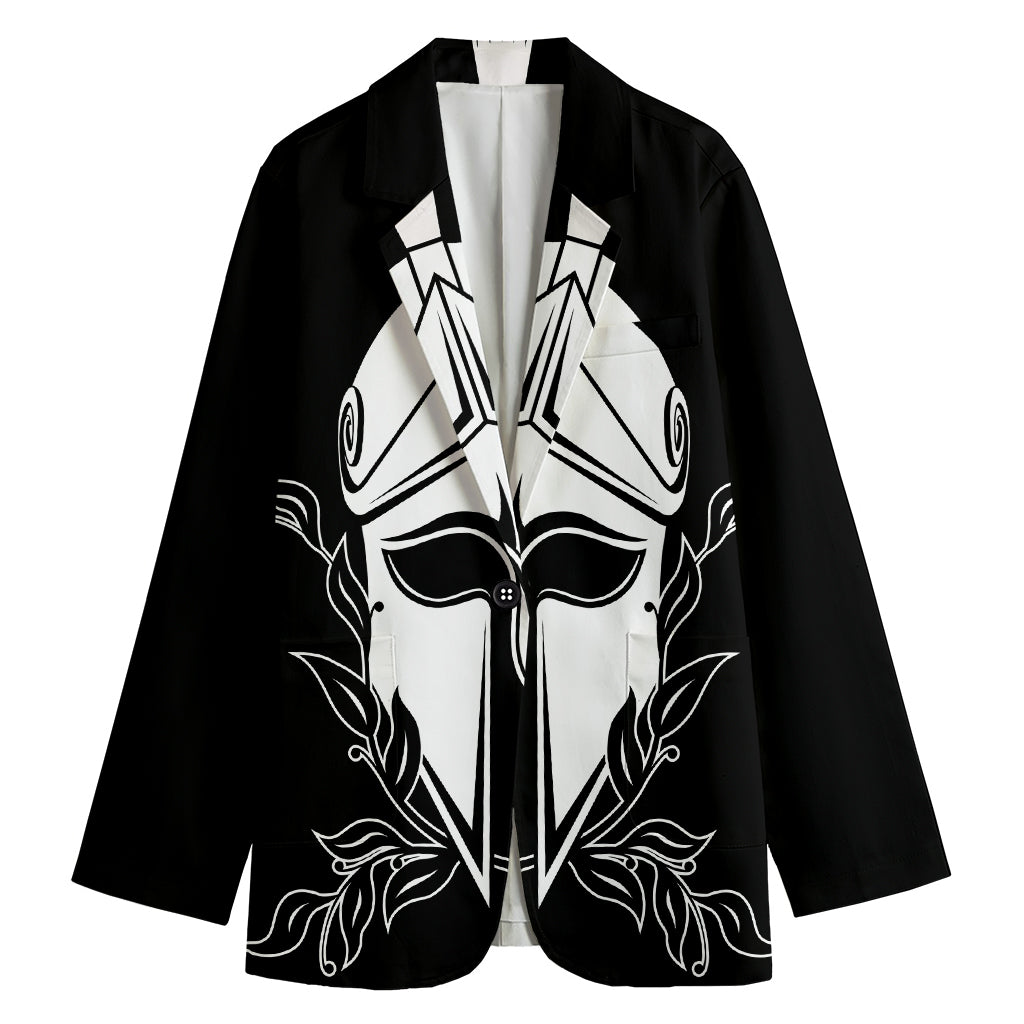 Black And White Spartan Helmet Print Women's Cotton Blazer